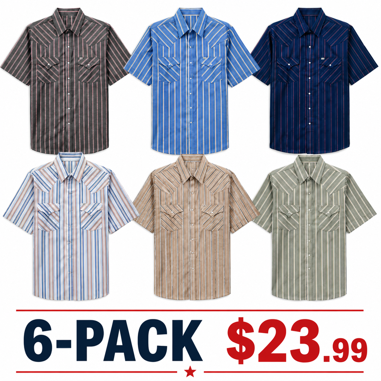 Men's Western Stripe Snap Shirt with Pocket - Short Sleeve Casual Cowboy Shirt