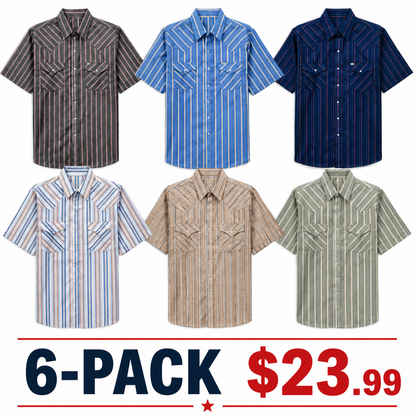 Men's Western Stripe Snap Shirt with Pocket - Short Sleeve Casual Cowboy Shirt