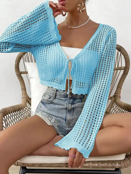 Women's Plain Hollow Out Tie Front Crop Cardigan