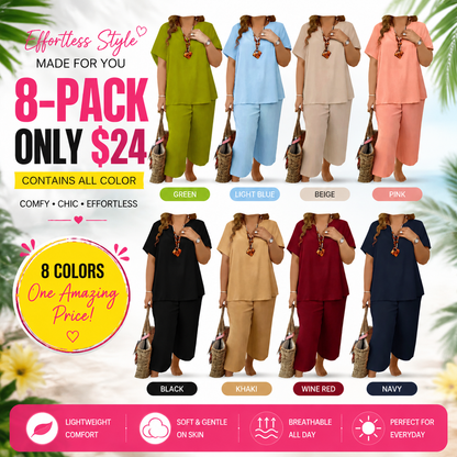 ❤️Women's Solid Short Sleeve Top & Loose Wide Leg Pants 2-Piece Set
