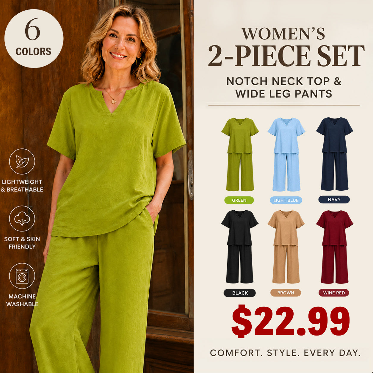 ❤️Women's Solid Short Sleeve Top & Loose Wide Leg Pants 2-Piece Set