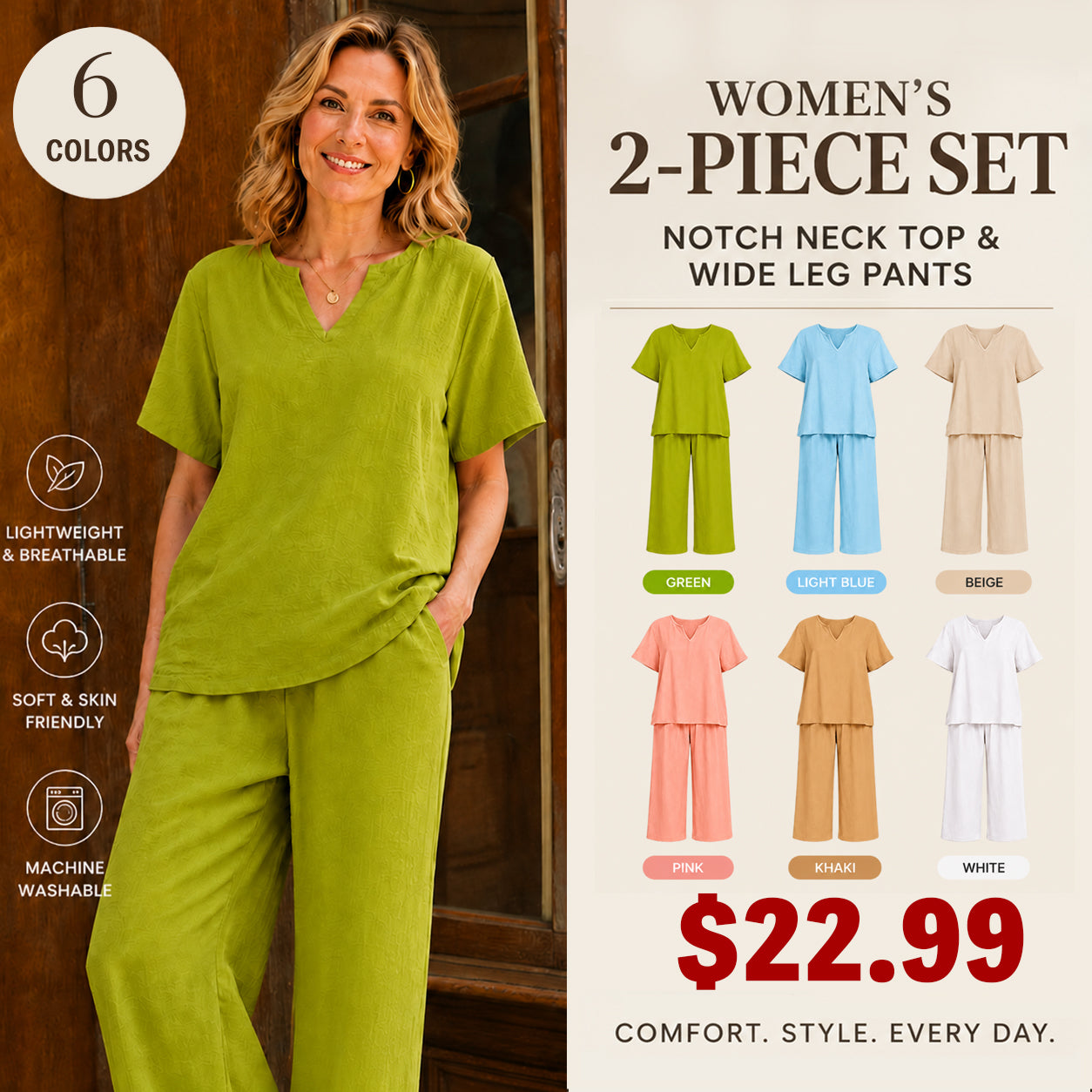 ❤️Women's Solid Short Sleeve Top & Loose Wide Leg Pants 2-Piece Set
