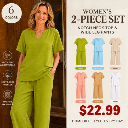❤️Women's Solid Short Sleeve Top & Loose Wide Leg Pants 2-Piece Set
