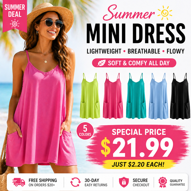 🔥Summer Sale❤️Womens Summer Sleeveless Mini Dress V Neck Spaghetti