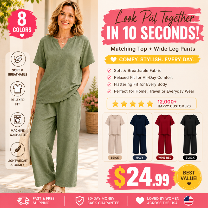 ❤️Women's Solid Short Sleeve Top & Loose Wide Leg Pants 2-Piece Set