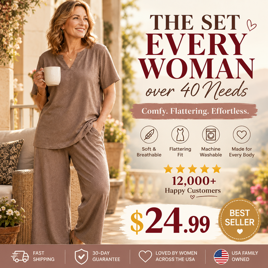 ❤️Women's Solid Short Sleeve Top & Loose Wide Leg Pants 2-Piece Set