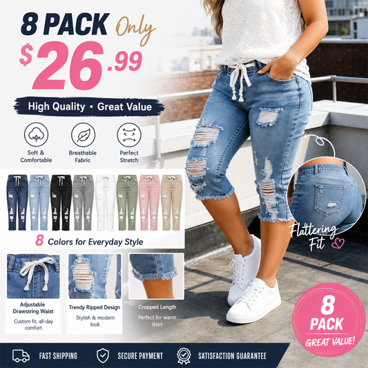 Fashion Distressed Ripped Capri Jeans Plus Size Casual High-Waisted Drawstring Waist Denim Cropped Pants + Lace cutout top