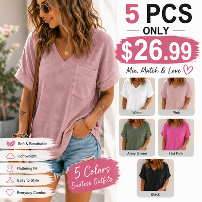 Women's Plain Textured Pocket V-Neck Tee, Casual Drop-Shoulder Half-Sleeve T-Shirt for Summer, Ladies Clothes for Daily Wear, Casual Fashionable Top, Cute Tops
