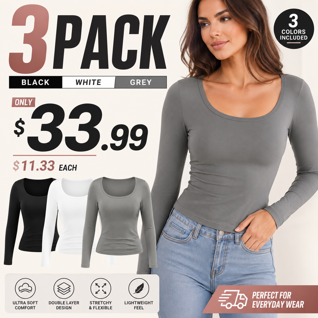 🌸Womens Scoop Neck Long Sleeve Top Double Layer Slimfit Fall Outfits Minimalist Comfort Basic Double layer