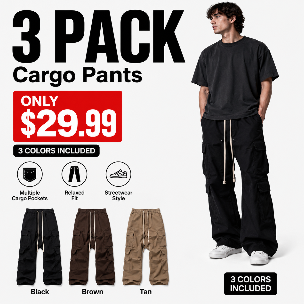 Men's Double Cargo Pants – Relaxed Fit Streetwear Baggy Utility Trousers