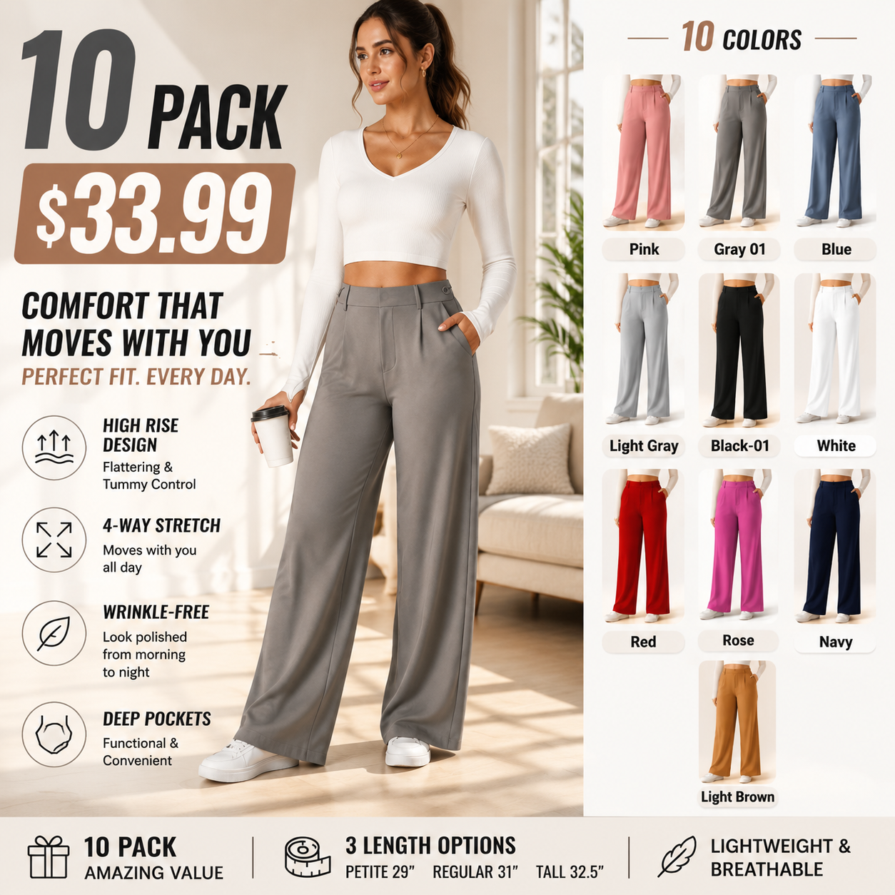 2026 NEW Limited offer🔥High Waisted Pocket Straight Leg Work Pants