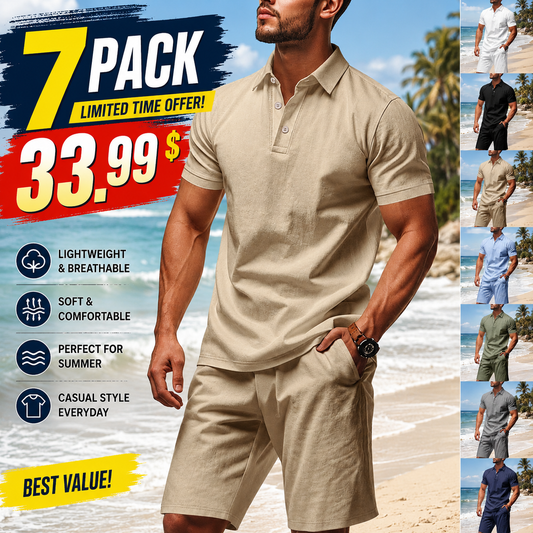 👕 LIMITED-TIME 50% OFF! 💥 Men's Casual Top & Shorts 2-Piece Set – Linen Blend, Lapel Collar, Elastic Waist ✨