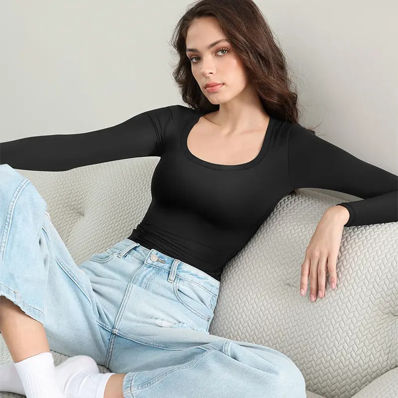 🌸Womens Scoop Neck Long Sleeve Top Double Layer Slimfit Fall Outfits Minimalist Comfort Basic Double layer