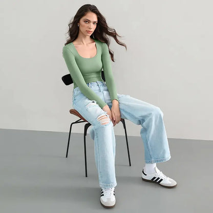 🌸Womens Scoop Neck Long Sleeve Top Double Layer Slimfit Fall Outfits Minimalist Comfort Basic Double layer