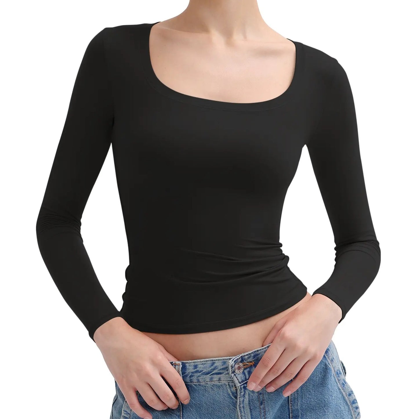 🌸Womens Scoop Neck Long Sleeve Top Double Layer Slimfit Fall Outfits Minimalist Comfort Basic Double layer