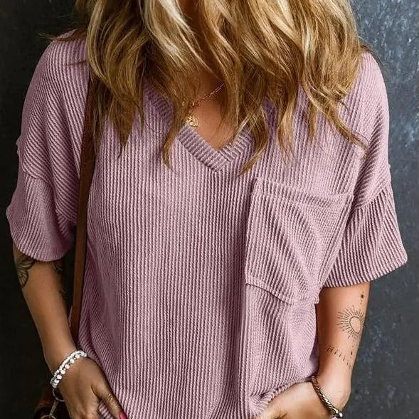 Women's Plain Textured Pocket V-Neck Tee, Casual Drop-Shoulder Half-Sleeve T-Shirt for Summer, Ladies Clothes for Daily Wear, Casual Fashionable Top, Cute Tops