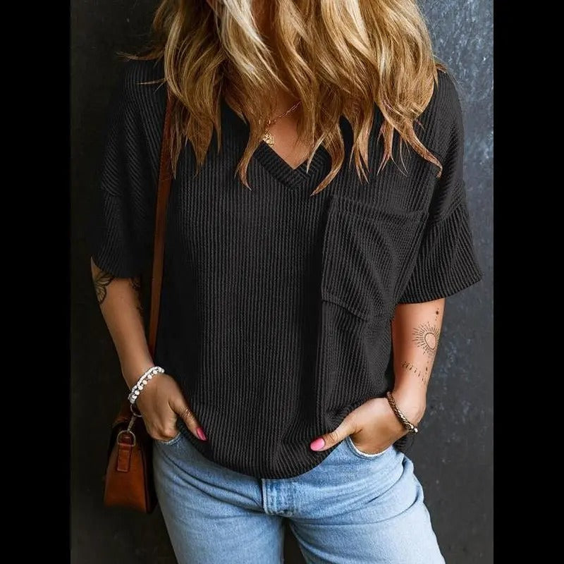 Women's Plain Textured Pocket V-Neck Tee, Casual Drop-Shoulder Half-Sleeve T-Shirt for Summer, Ladies Clothes for Daily Wear, Casual Fashionable Top, Cute Tops