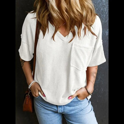Women's Plain Textured Pocket V-Neck Tee, Casual Drop-Shoulder Half-Sleeve T-Shirt for Summer, Ladies Clothes for Daily Wear, Casual Fashionable Top, Cute Tops