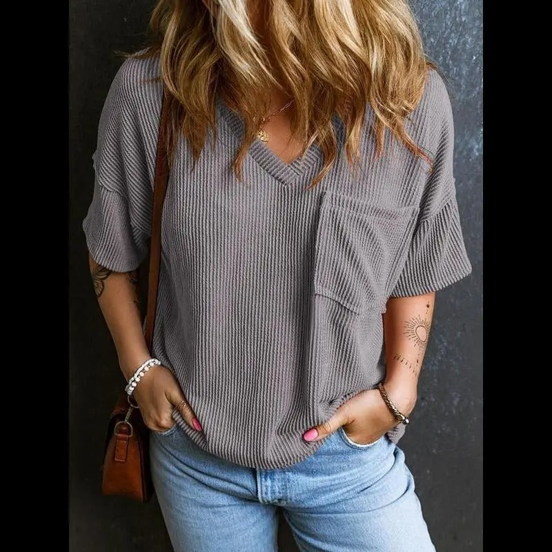 Women's Plain Textured Pocket V-Neck Tee, Casual Drop-Shoulder Half-Sleeve T-Shirt for Summer, Ladies Clothes for Daily Wear, Casual Fashionable Top, Cute Tops