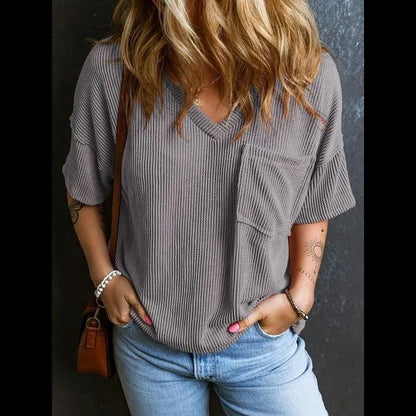 Women's Plain Textured Pocket V-Neck Tee, Casual Drop-Shoulder Half-Sleeve T-Shirt for Summer, Ladies Clothes for Daily Wear, Casual Fashionable Top, Cute Tops