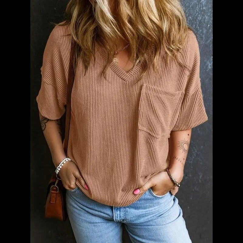 Women's Plain Textured Pocket V-Neck Tee, Casual Drop-Shoulder Half-Sleeve T-Shirt for Summer, Ladies Clothes for Daily Wear, Casual Fashionable Top, Cute Tops
