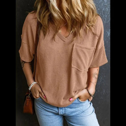 Women's Plain Textured Pocket V-Neck Tee, Casual Drop-Shoulder Half-Sleeve T-Shirt for Summer, Ladies Clothes for Daily Wear, Casual Fashionable Top, Cute Tops