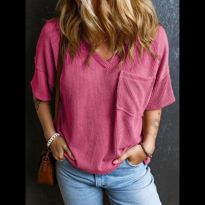 Women's Plain Textured Pocket V-Neck Tee, Casual Drop-Shoulder Half-Sleeve T-Shirt for Summer, Ladies Clothes for Daily Wear, Casual Fashionable Top, Cute Tops