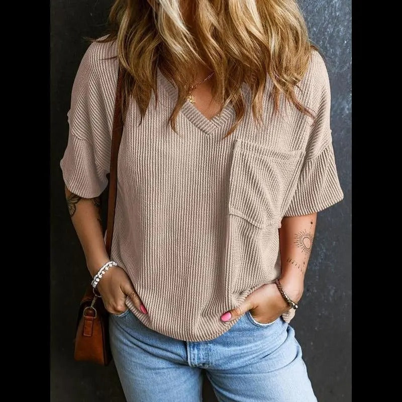 Women's Plain Textured Pocket V-Neck Tee, Casual Drop-Shoulder Half-Sleeve T-Shirt for Summer, Ladies Clothes for Daily Wear, Casual Fashionable Top, Cute Tops