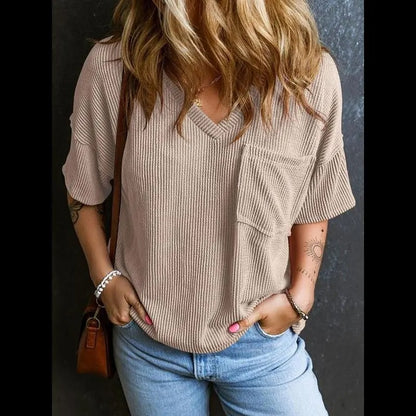 Women's Plain Textured Pocket V-Neck Tee, Casual Drop-Shoulder Half-Sleeve T-Shirt for Summer, Ladies Clothes for Daily Wear, Casual Fashionable Top, Cute Tops