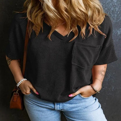 Women's Plain Textured Pocket V-Neck Tee, Casual Drop-Shoulder Half-Sleeve T-Shirt for Summer, Ladies Clothes for Daily Wear, Casual Fashionable Top, Cute Tops